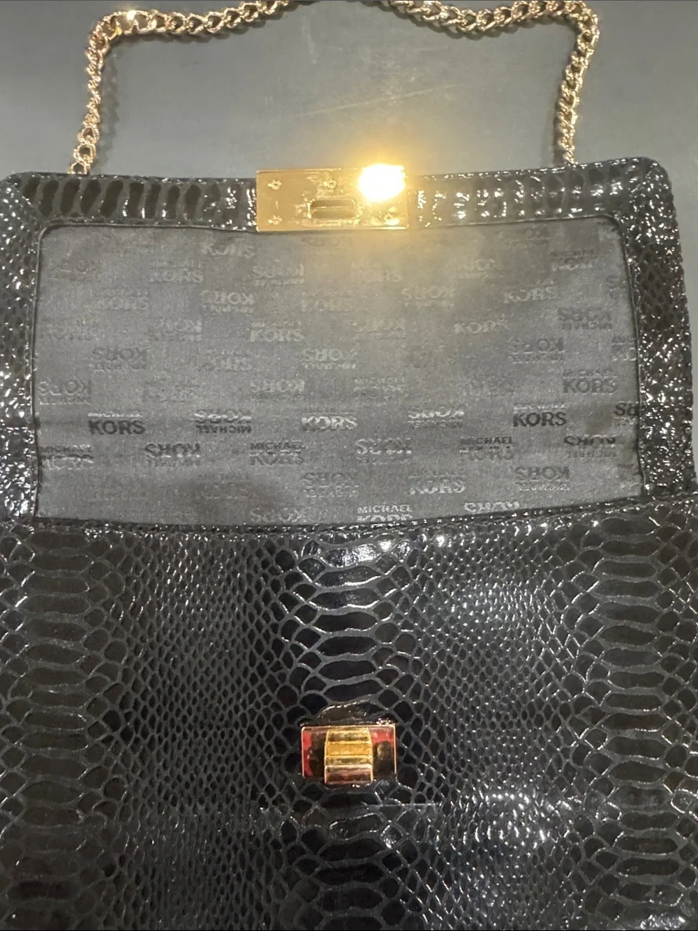 Michael Kors Black Snake-Embossed Shoulder Bag with Gold Chain